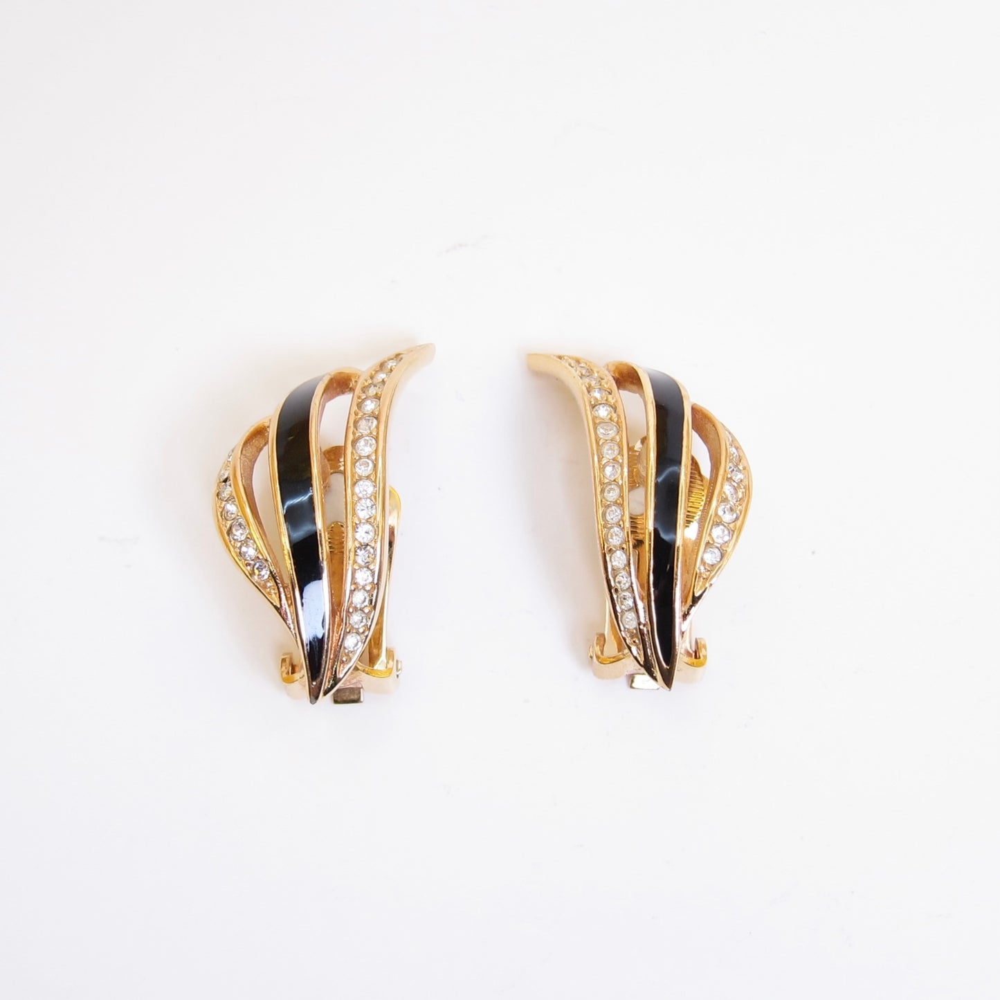 Christian Dior Vintage Stylish Black and Rhinestone Golden Clip-on Earrings