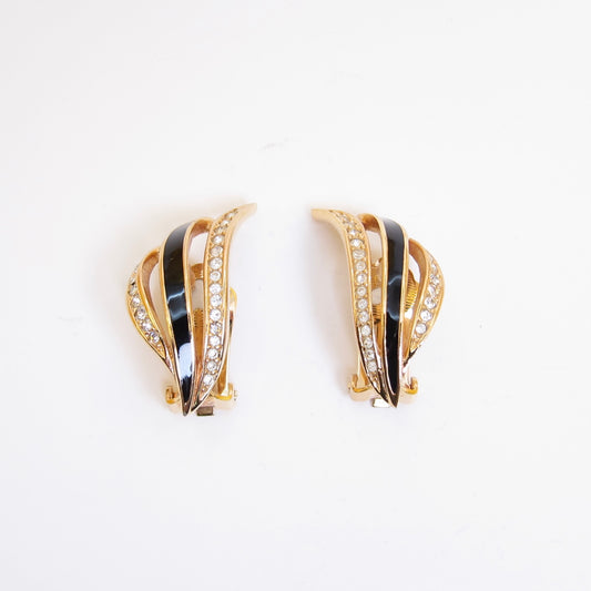 Christian Dior Vintage Stylish Black and Rhinestone Golden Clip-on Earrings