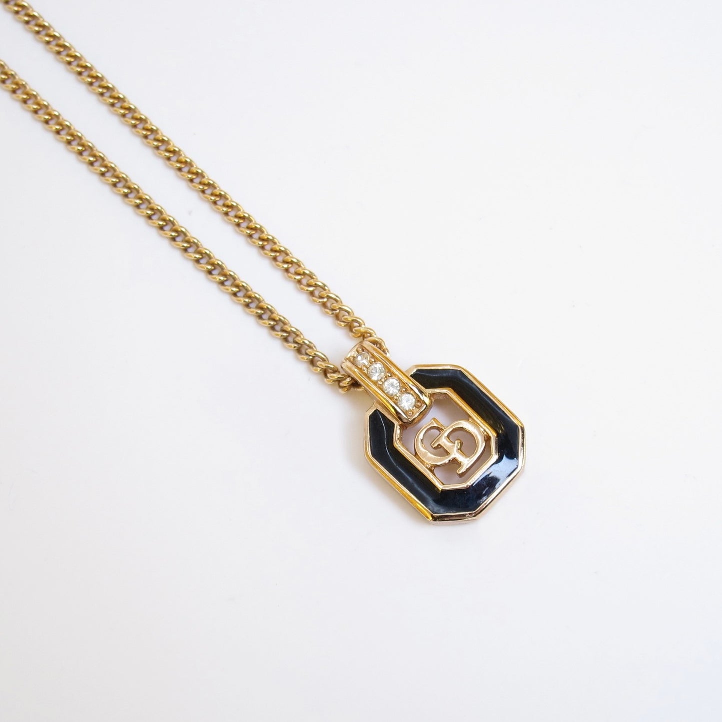 Christian Dior Vintage CD Logo in Octagon Black and Rhinestone Golden Necklace