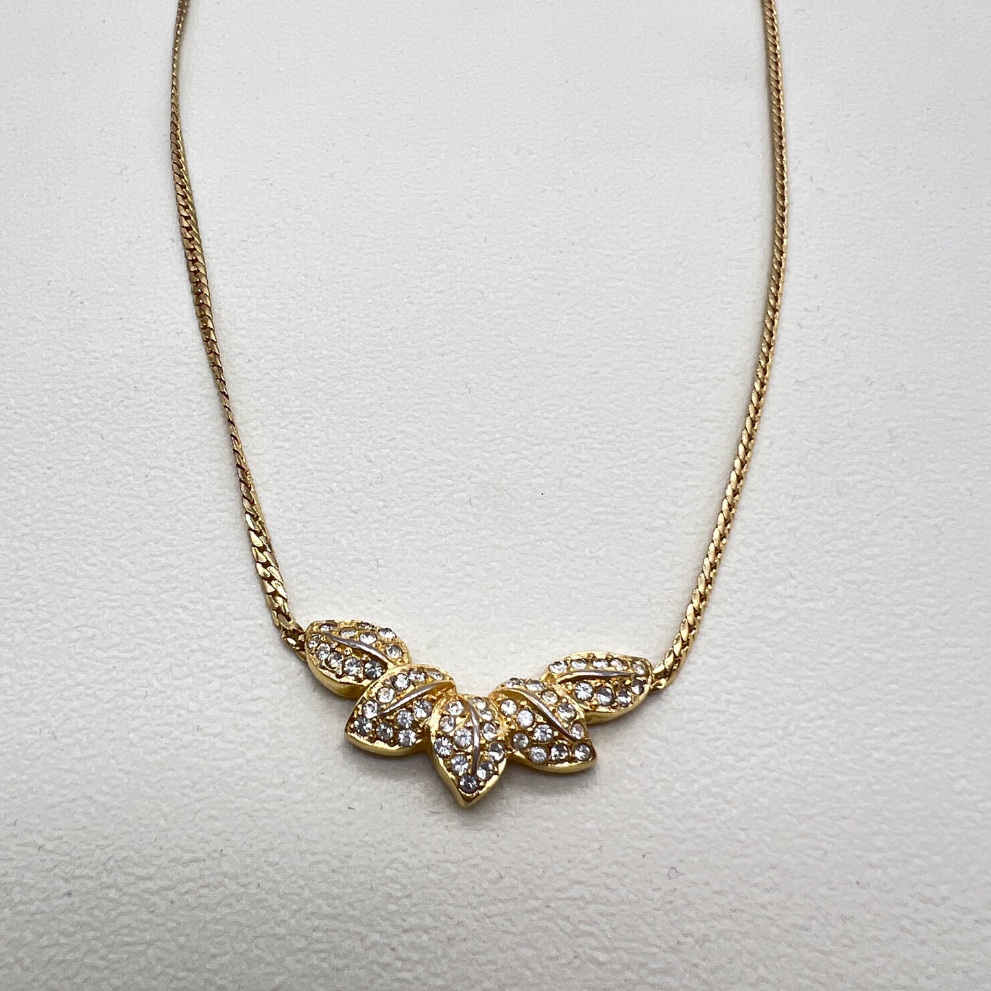 Christian Dior Vintage Leaf Motif Rhinestone Golden Necklac