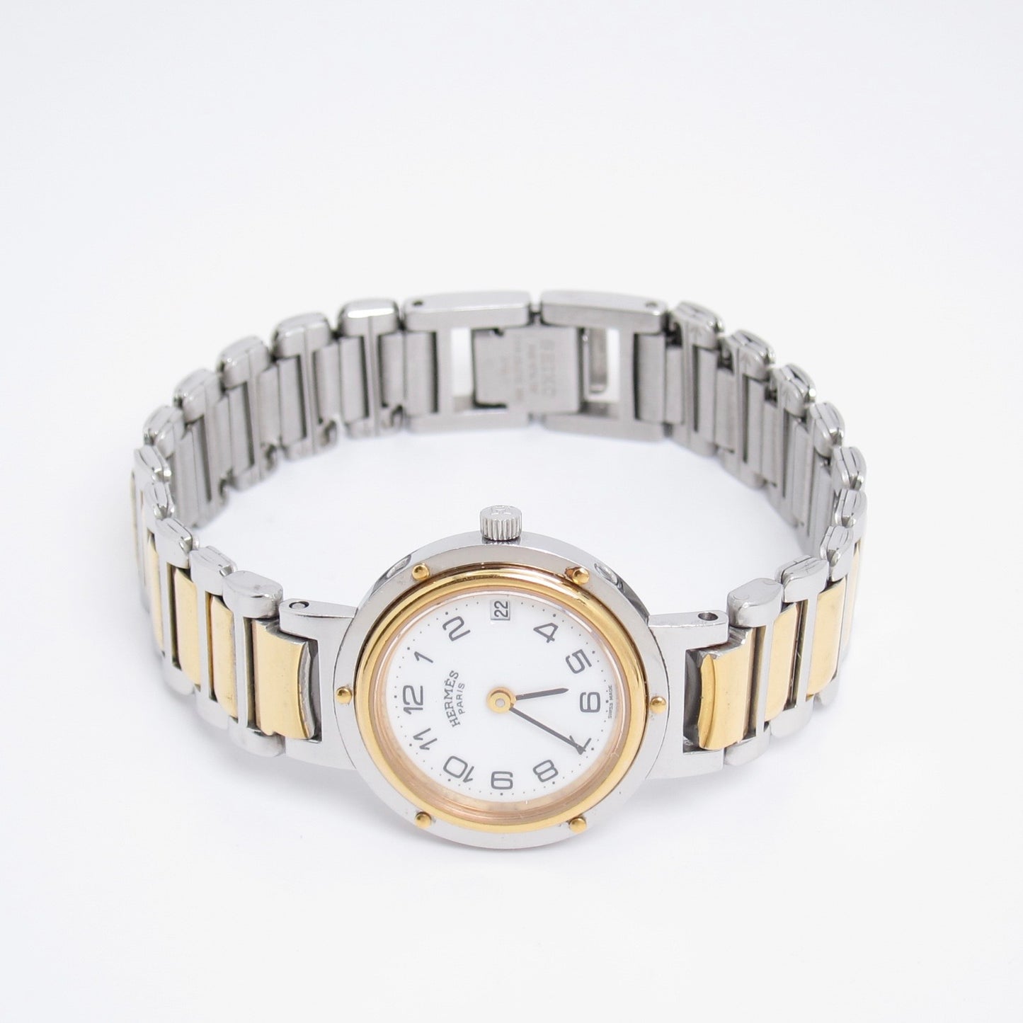Hermes Vintage Clipper White Face with Date Two Tone Watch