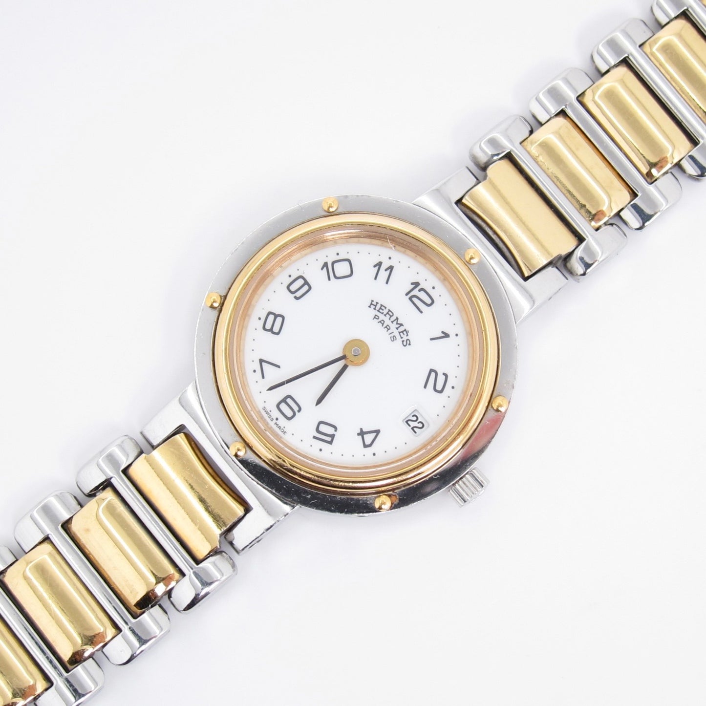 Hermes Vintage Clipper White Face with Date Two Tone Watch