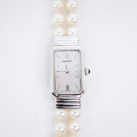Mikimoto Vintage Rectangle Shell Pearl Face Silver Watch with Pearl Bracelet
