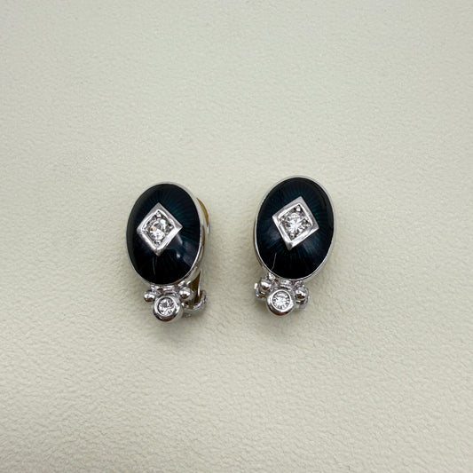 Burberry Vintage Oval Shape with Rhinestone Emerald Green and Silver Clip-on Earrings
