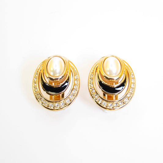 Christian Dior Vintage Pearl Rhinestone and Black Golden Clip-on Earrings