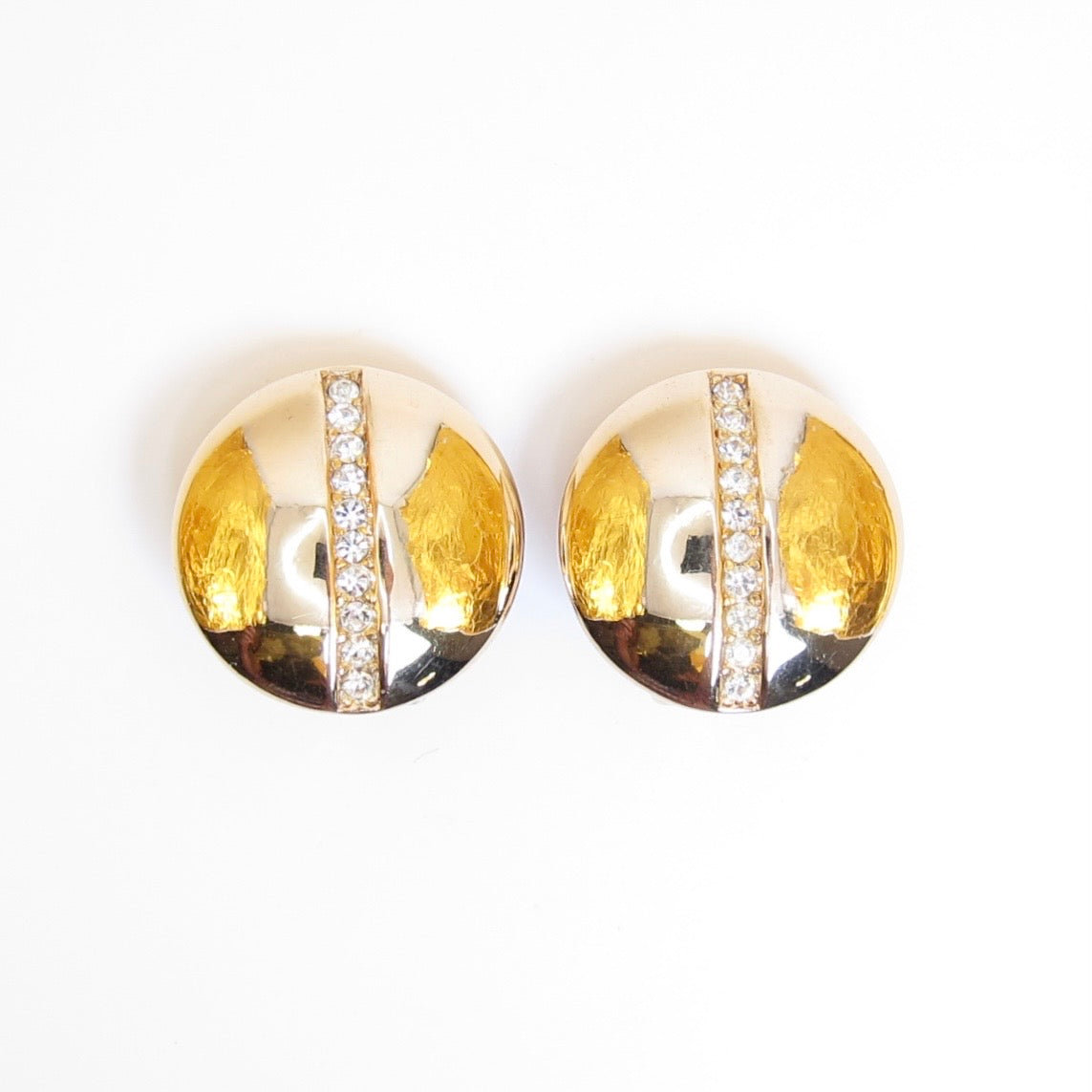 Christian Dior Vintage Round Shaped with Rhinestone Golden Clip-on Earrrings