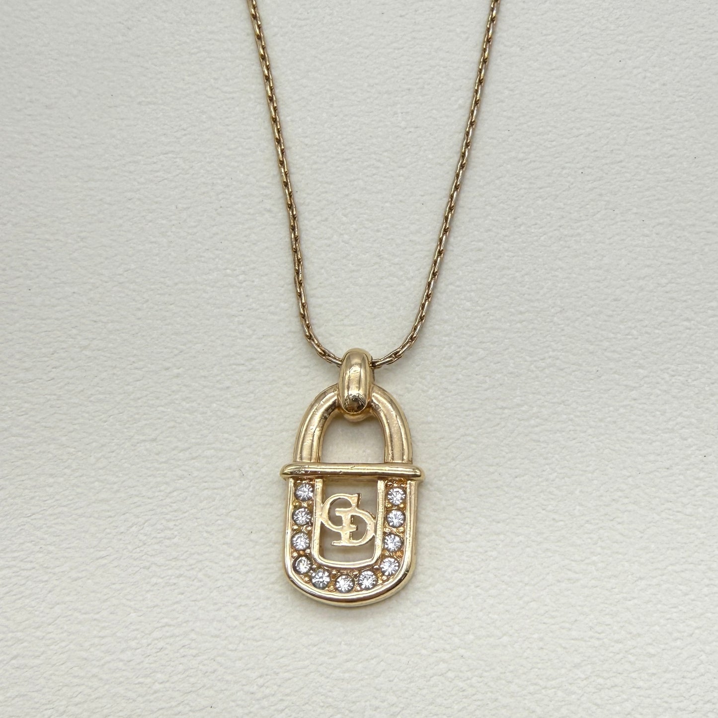 Christian Dior Vintage CD Logo in Lock with Rhinestone Golden Necklace