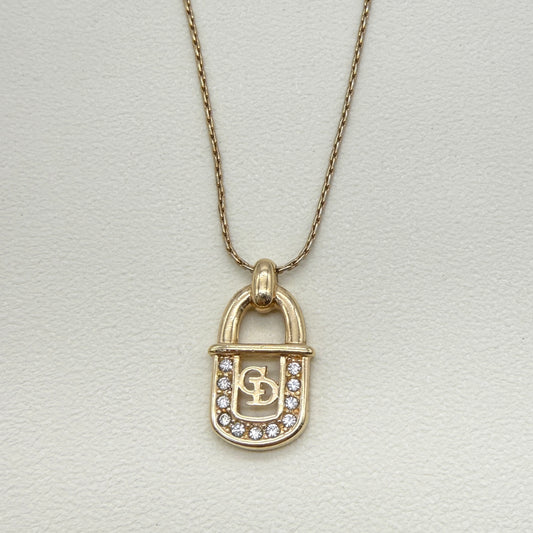 Christian Dior Vintage CD Logo in Lock with Rhinestone Golden Necklace