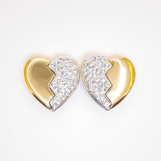 Yves Saint Laurent Vintage Heart Motif Rhinestone and Golden Clip-on Earrings