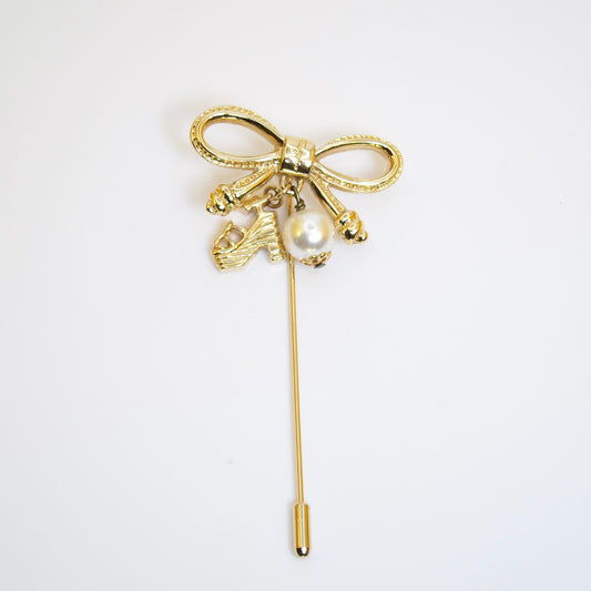 Ferragamo Vintage Ribbon with Shoe and Pearl Golden Brooch