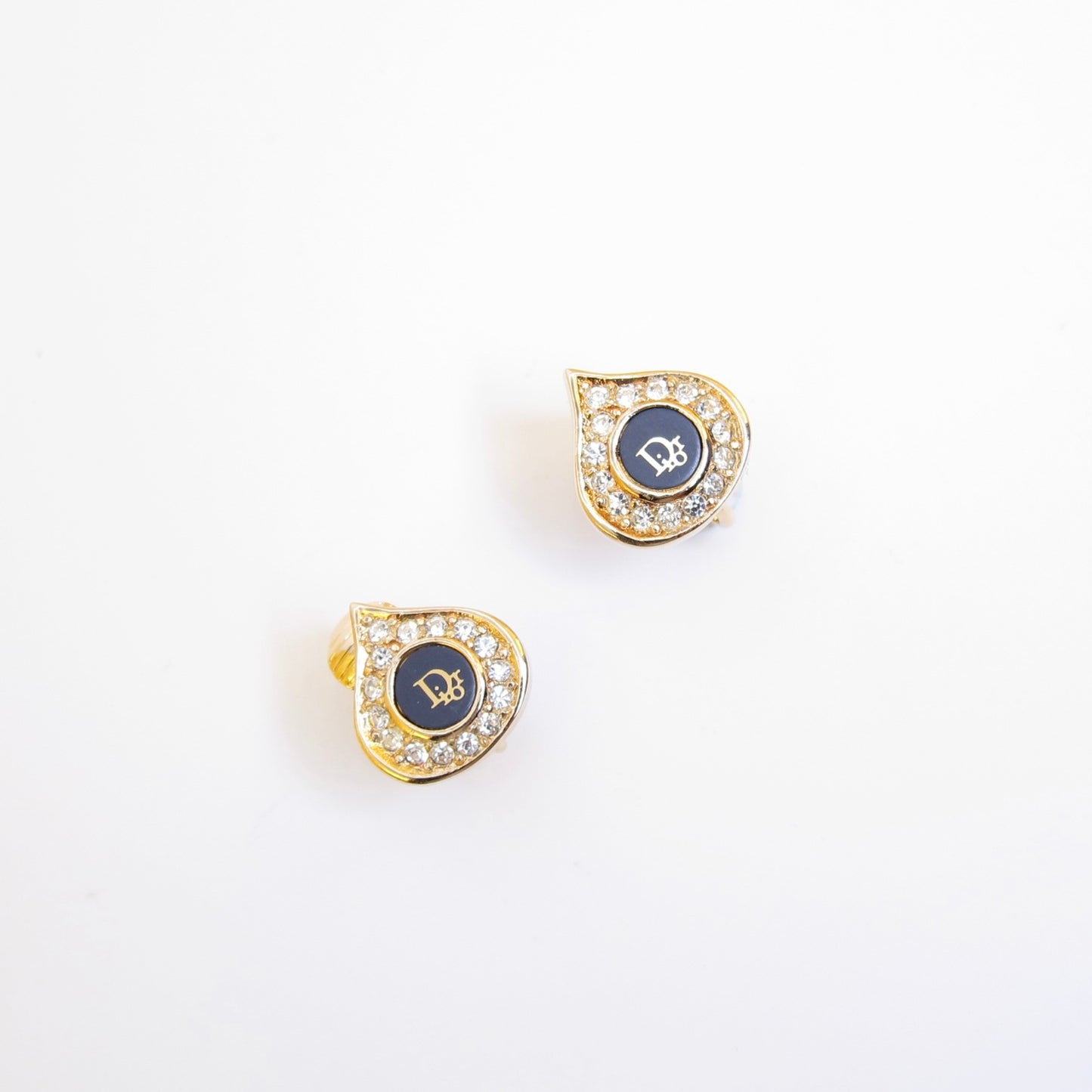 Christian Dior Vintage Dior Logo Black and Rhinestone Teardrop Golden Clip-on Earrings