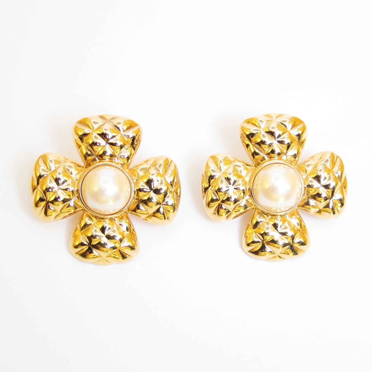 Monet Vintage Maltese Cross Pearl Golden Clip-on Earrings