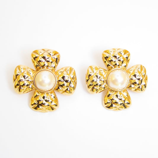 Monet Vintage Maltese Cross Pearl Golden Clip-on Earrings