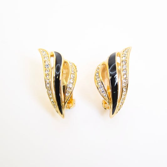 Christian Dior Vintage Stylish Black and Rhinestone Golden Clip-on Earrings