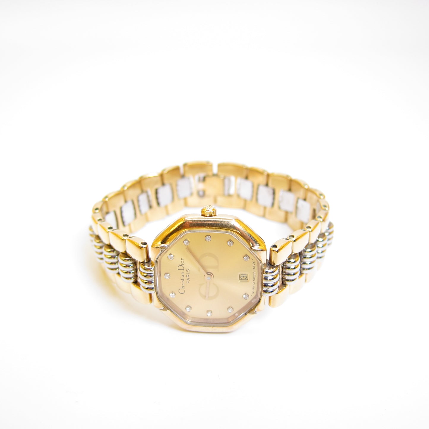 Christian Dior Vintage Octagon Golden Face Diamond Dial Two Tone Watch