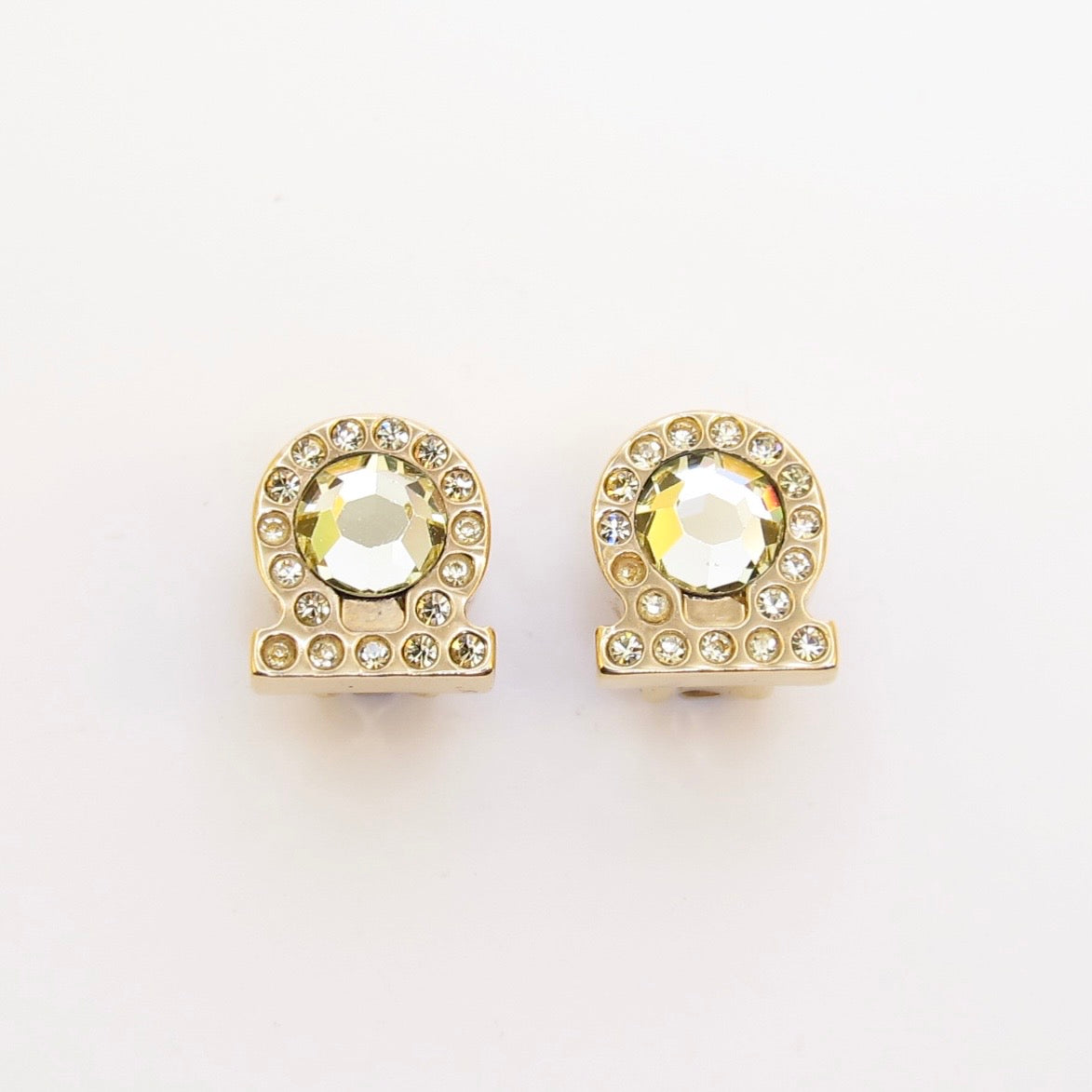 Ferragamo Vintage Gancini with Rhinestone Golden Clip-on Earrings