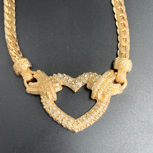 Christian Dior Vintage Heart Motif with Rhinestone Golden Necklace