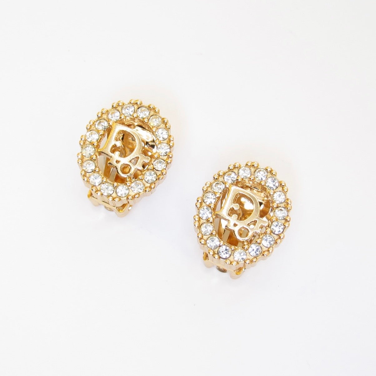 Christian Dior Vintage Dior Logo in Oval Shape with Rhinestone Golden Clip-on Earrings
