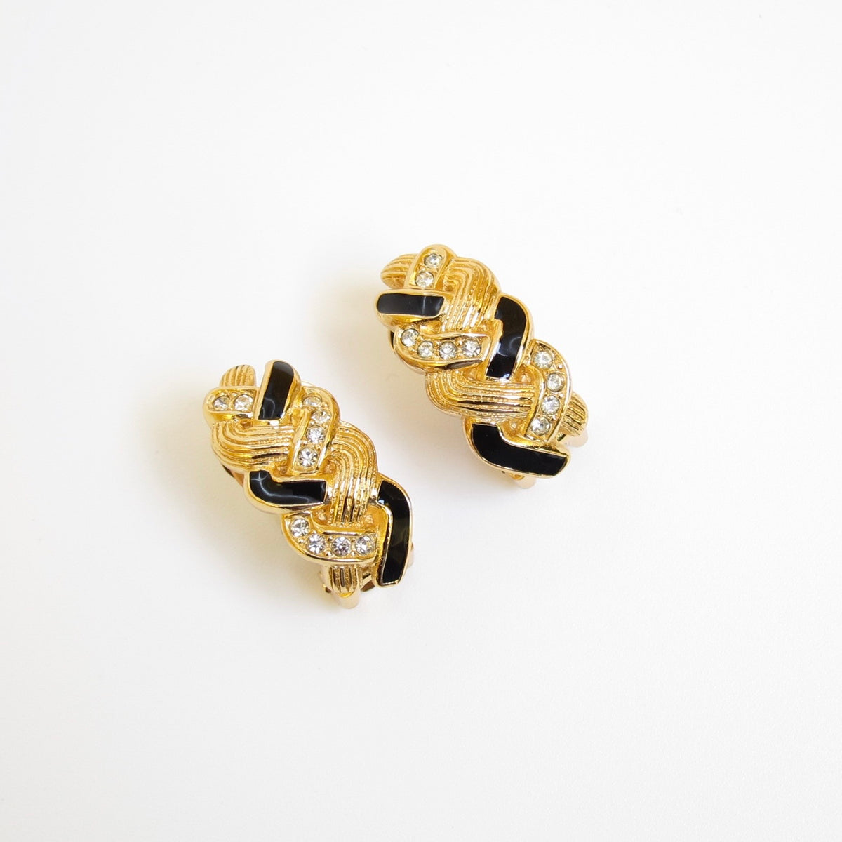 Christian Dior Vintage Black Enamel Rhinestone Twist Gold-Tone Clip-On Earrings