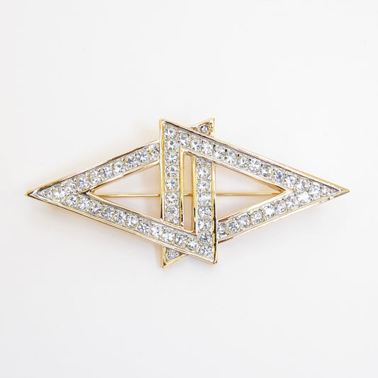 Nina Ricci Vintage Interlaced Double Triangle with Rhinestone Golden Brooch