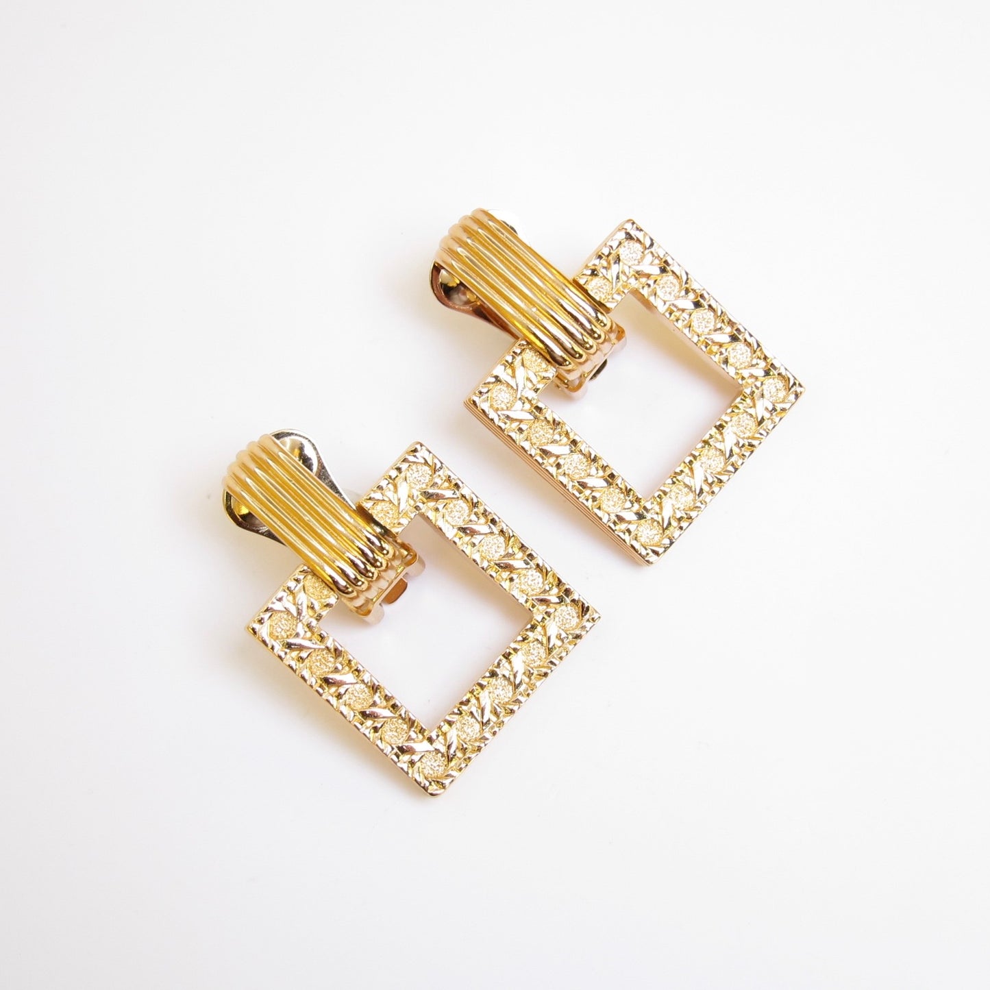 Christian Dior Vintage Textured Square Drop Golden Clip-on Earrings