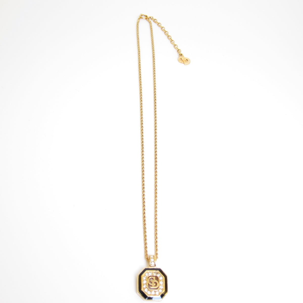 Christian Dior Vintage Octagon Black Enamel Rhinestone CD Logo Gold-Tone Necklace, 43cm