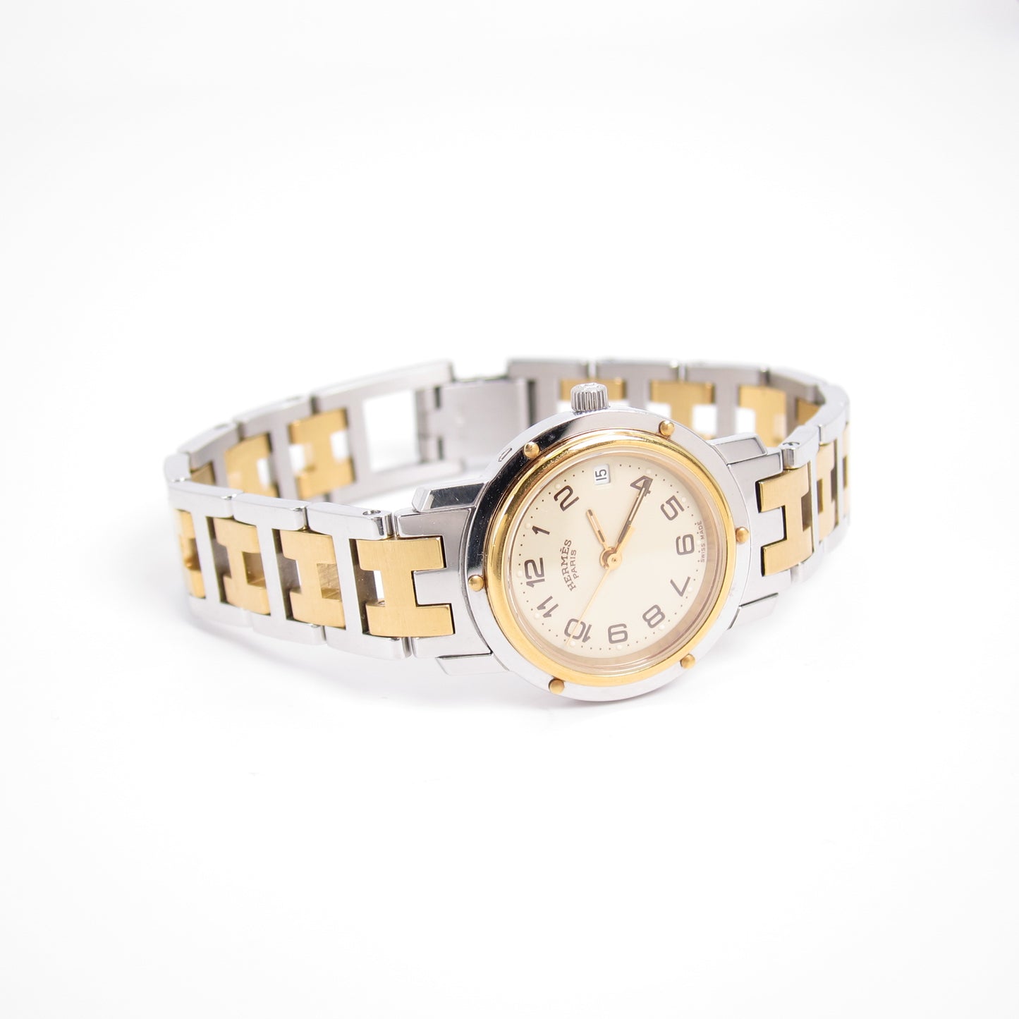 Hermes Vintage Clipper Ivory Dial with Date and H Bracelet Two Tone Watch
