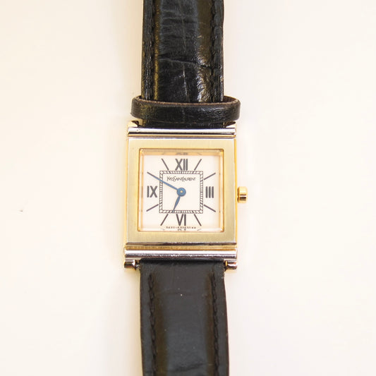 Yves Saint Laurent Vintage Square White Face and Black Leather Strap Watch