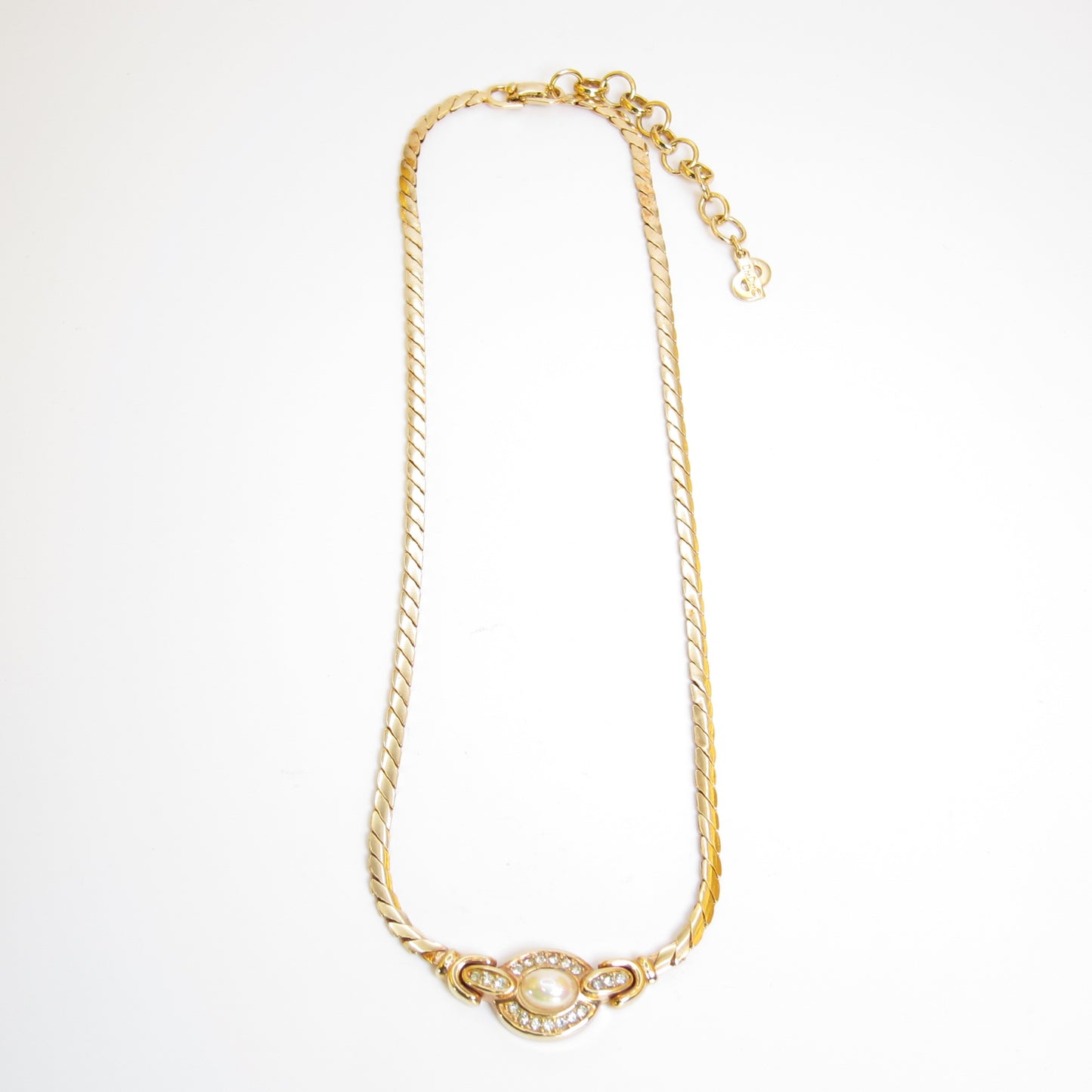 Christian Dior Vintage Oval Shape Pearl and Rhinestone Golden Necklace