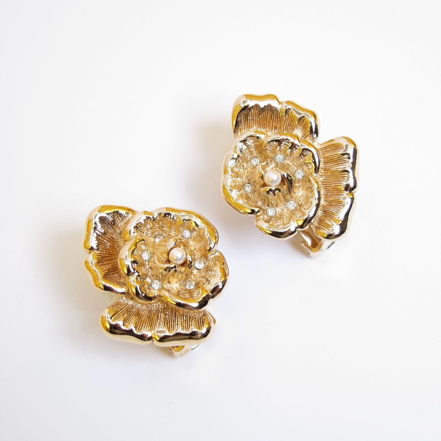 Christian Dior Vintage Flower Motif with Rhinestone and Pearl Golden Clip-on Earrings