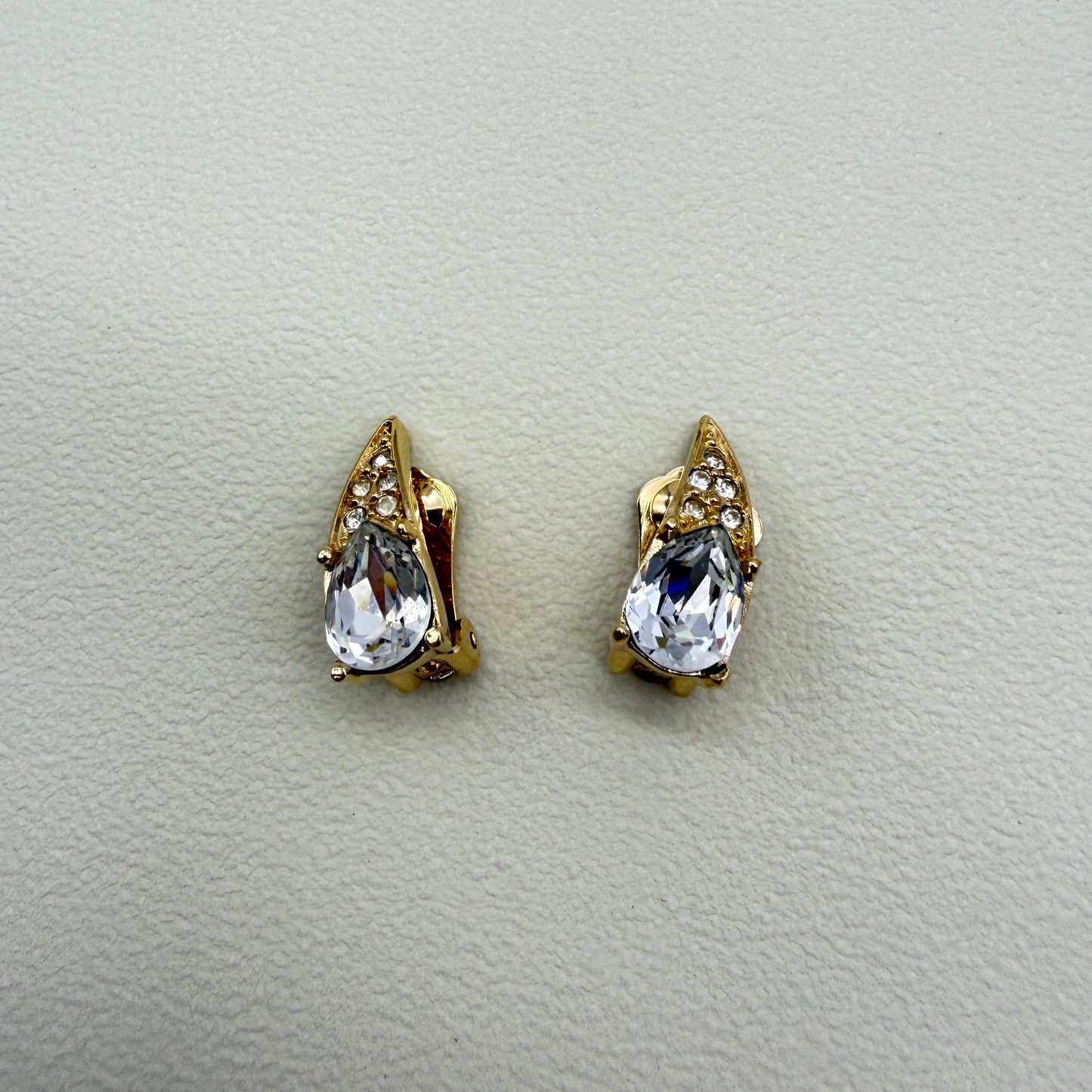 Christian Dior Vintage Stylish Drop Shape Rhinestone Golden Clip-on Earrings