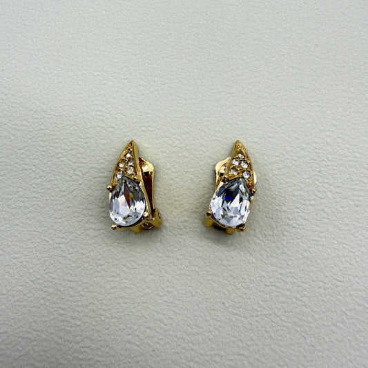 Christian Dior Vintage Stylish Drop Shape Rhinestone Golden Clip-on Earrings