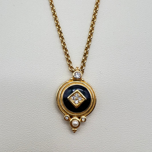 Burberry Vintage Dark Green Rhinestone and Pearl Round Shape Pendant Golden Long Necklace