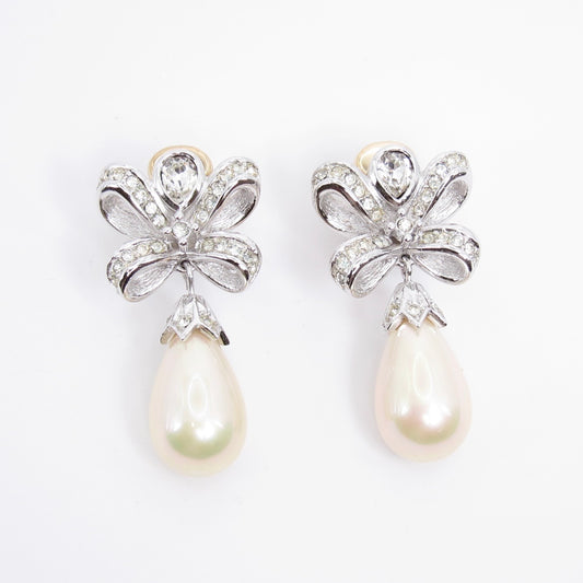 Christian Dior Vintage Ribbon with Rhinestone and Pearl Two Tone Clip-on Earrings