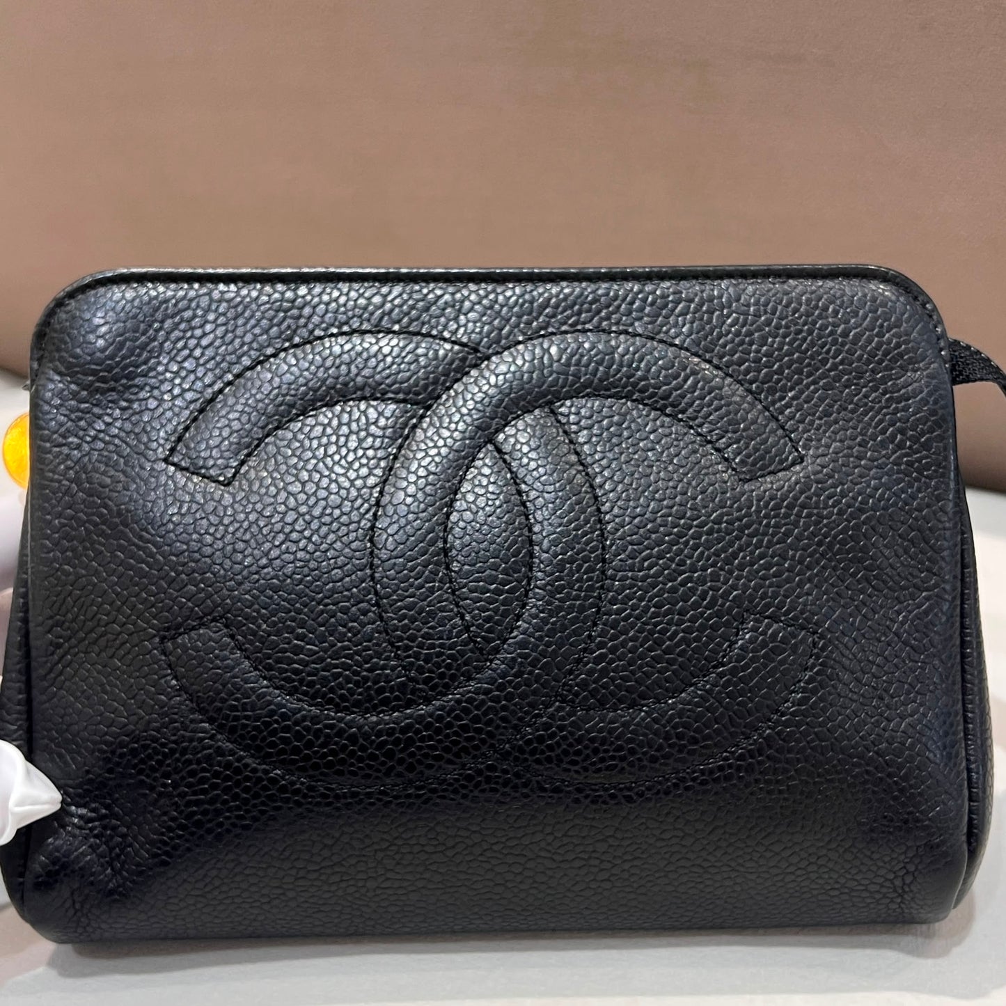 Chanel Vintage Black Caviar Leather Cc Zip Pouch