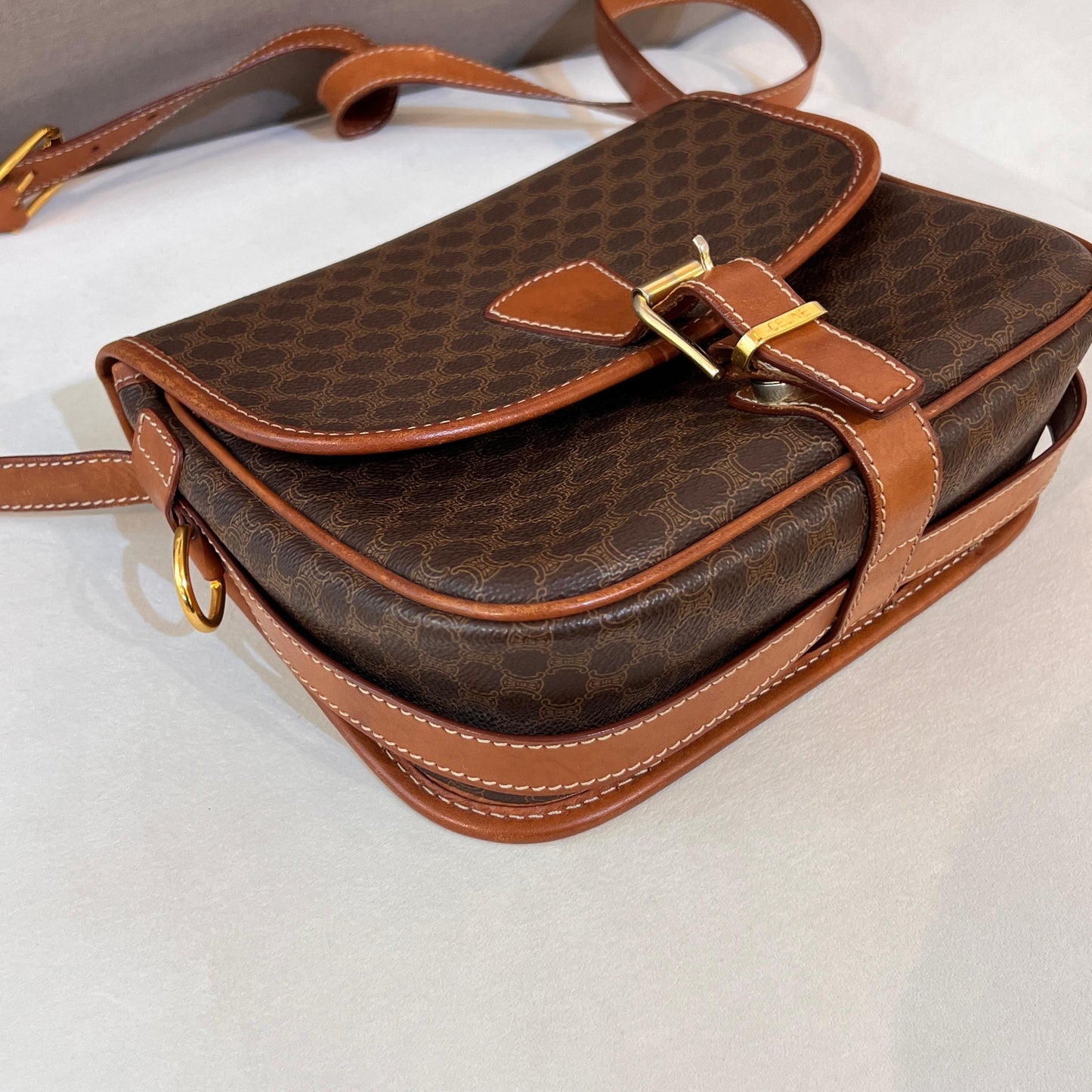 Celine Vintage Macadam Canvas Brown Leather Shoulder Bag