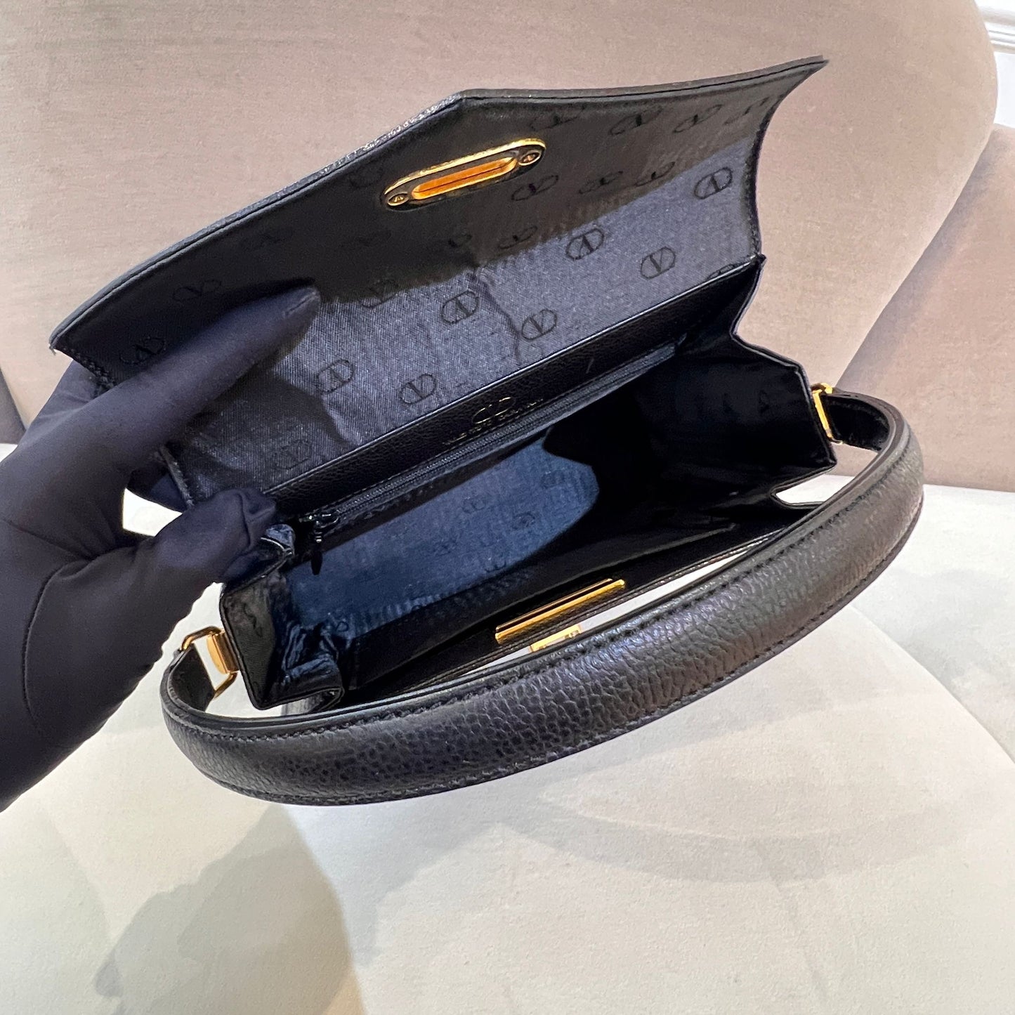 Valentino Garavani Vintage Black Leather V Logo Top Handle Bag