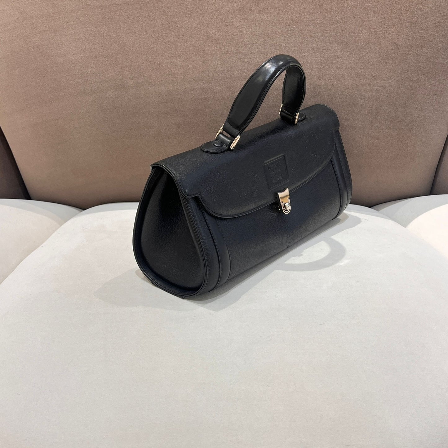 Burberry Vintage Black Grained Leather Cylindrical Top Handle Bag