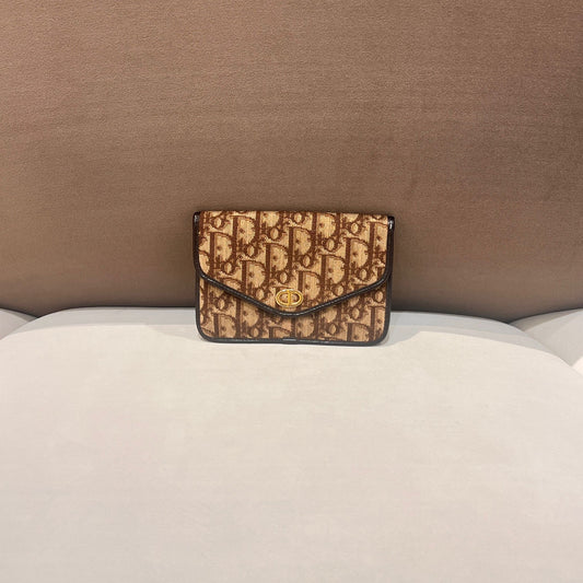 Christian Dior Vintage Trotter Monogram Canvas Brown Envelope Pouch Clutch