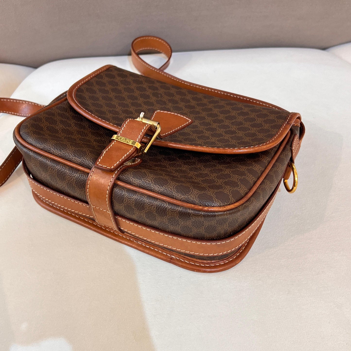 Celine Vintage Macadam Canvas Brown Leather Shoulder Bag