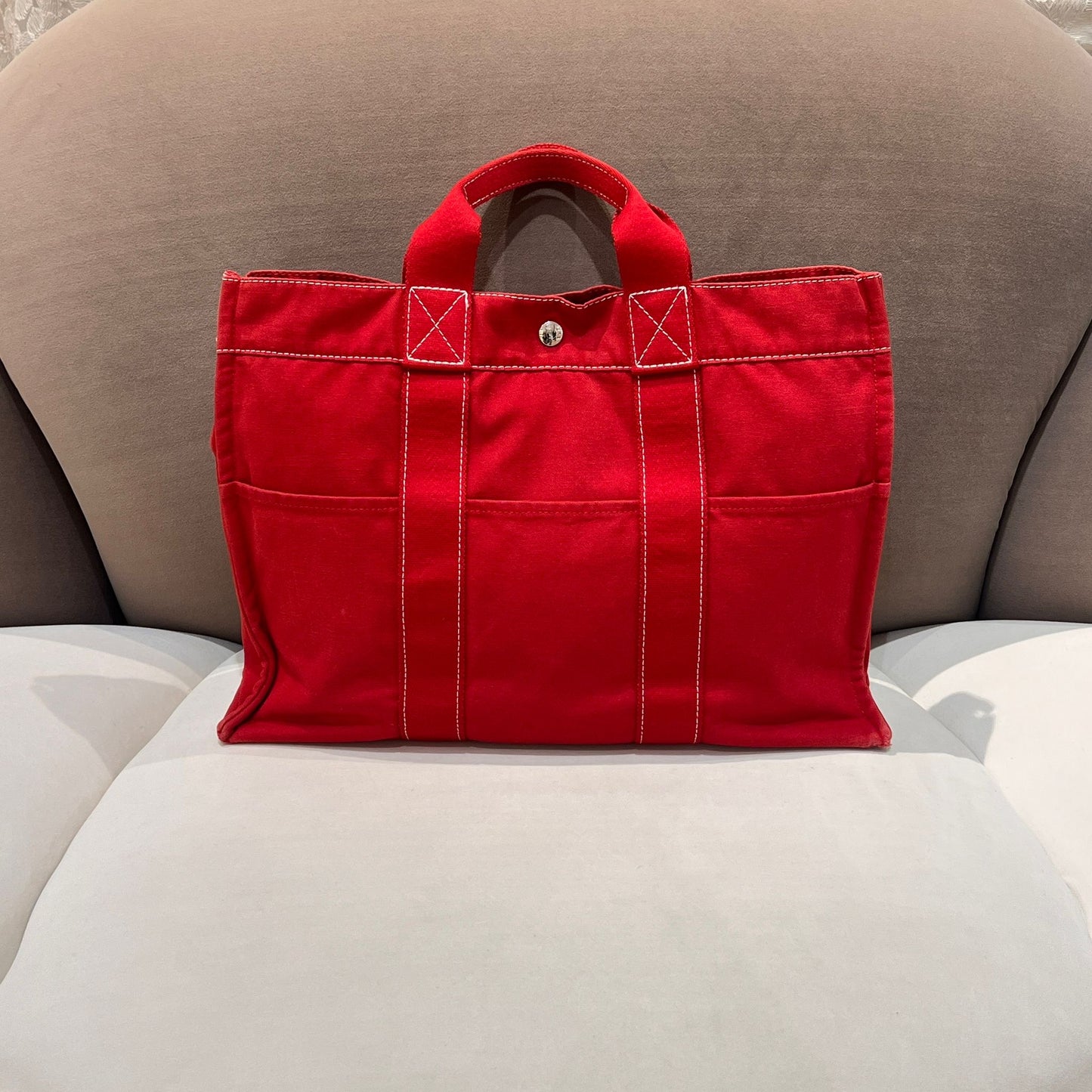 Hermes Deauville Mm Red Canvas Tote Bag