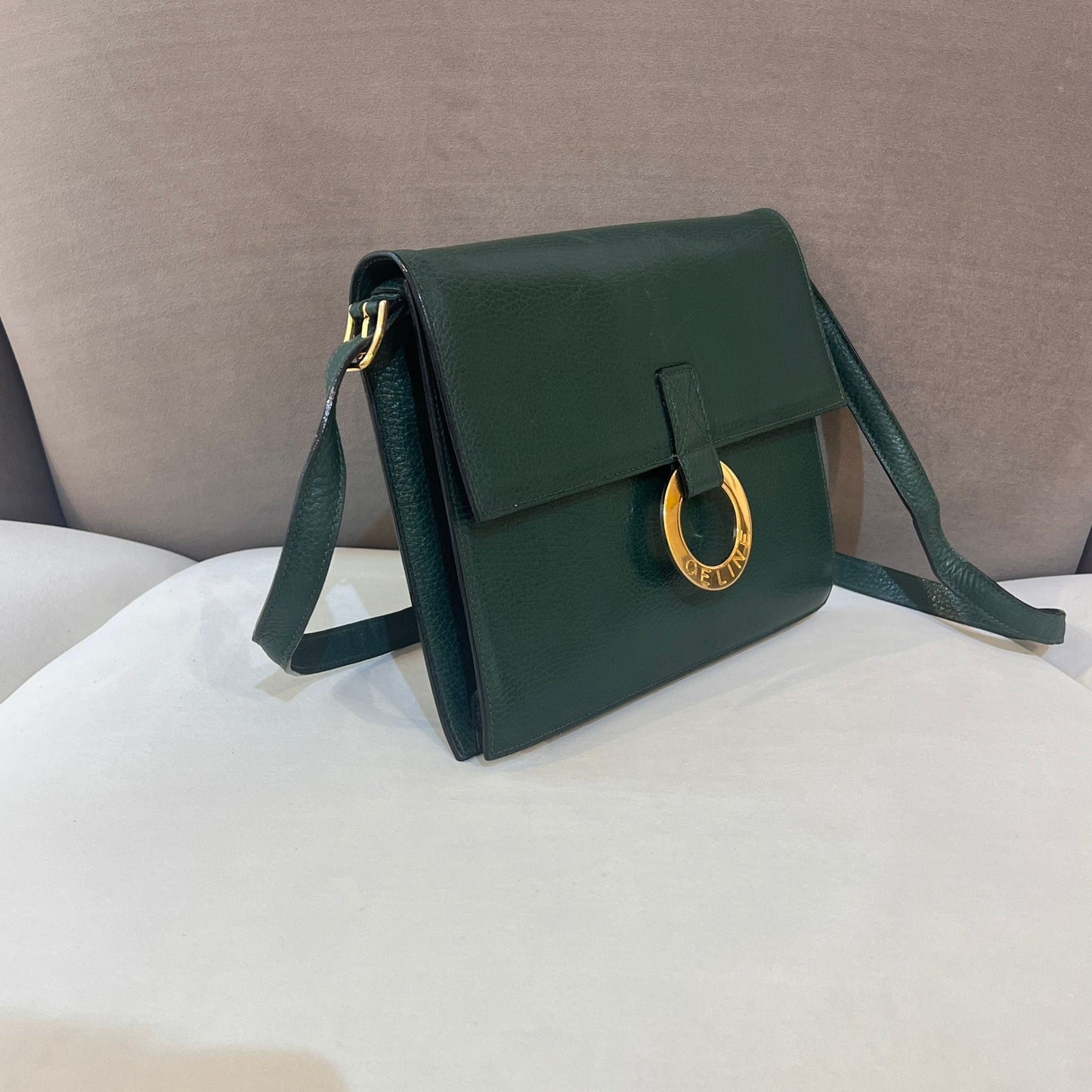 Celine Vintage Circle Logo Forest Green Leather Shoulder Bag