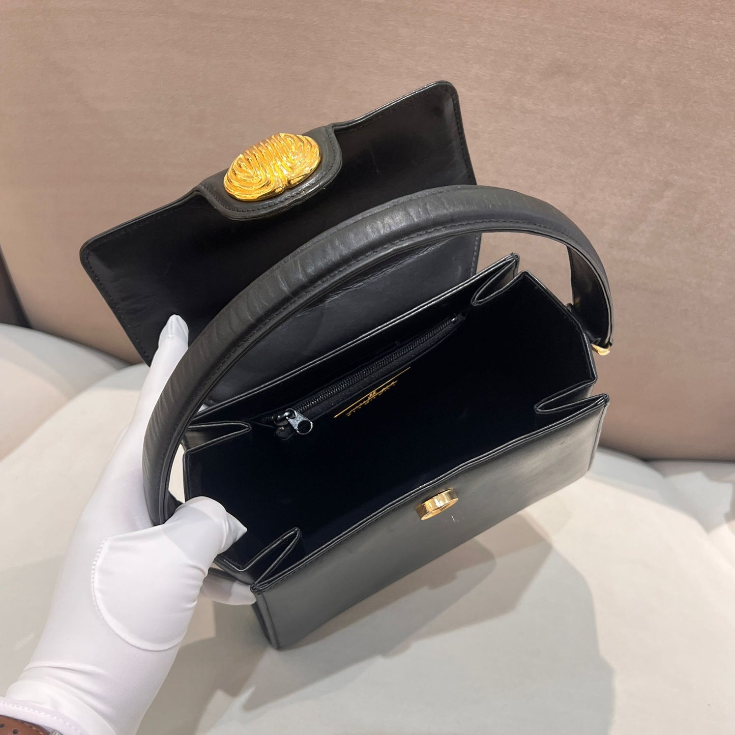 Givenchy Vintage Black Leather Trapezoid Top Handle Medallion Handbag