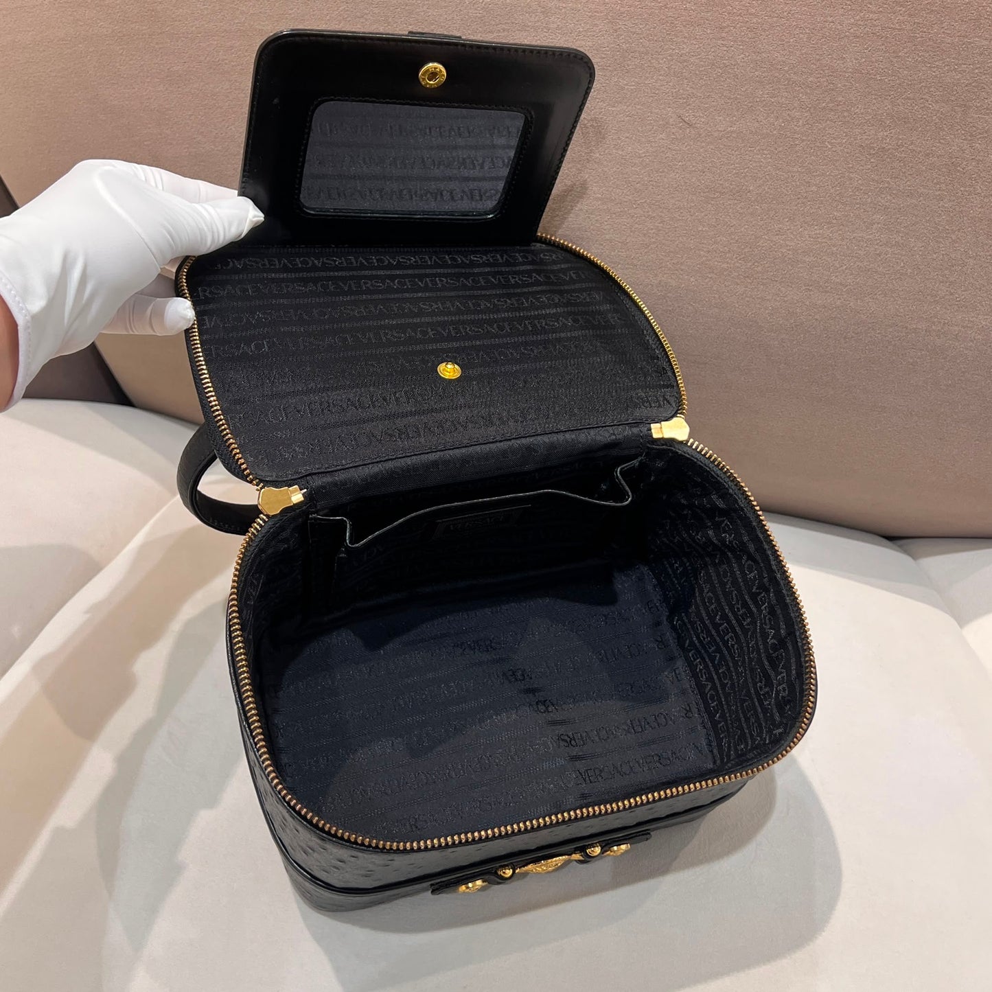 Versace Black Ostrich Leather Vanity Bag