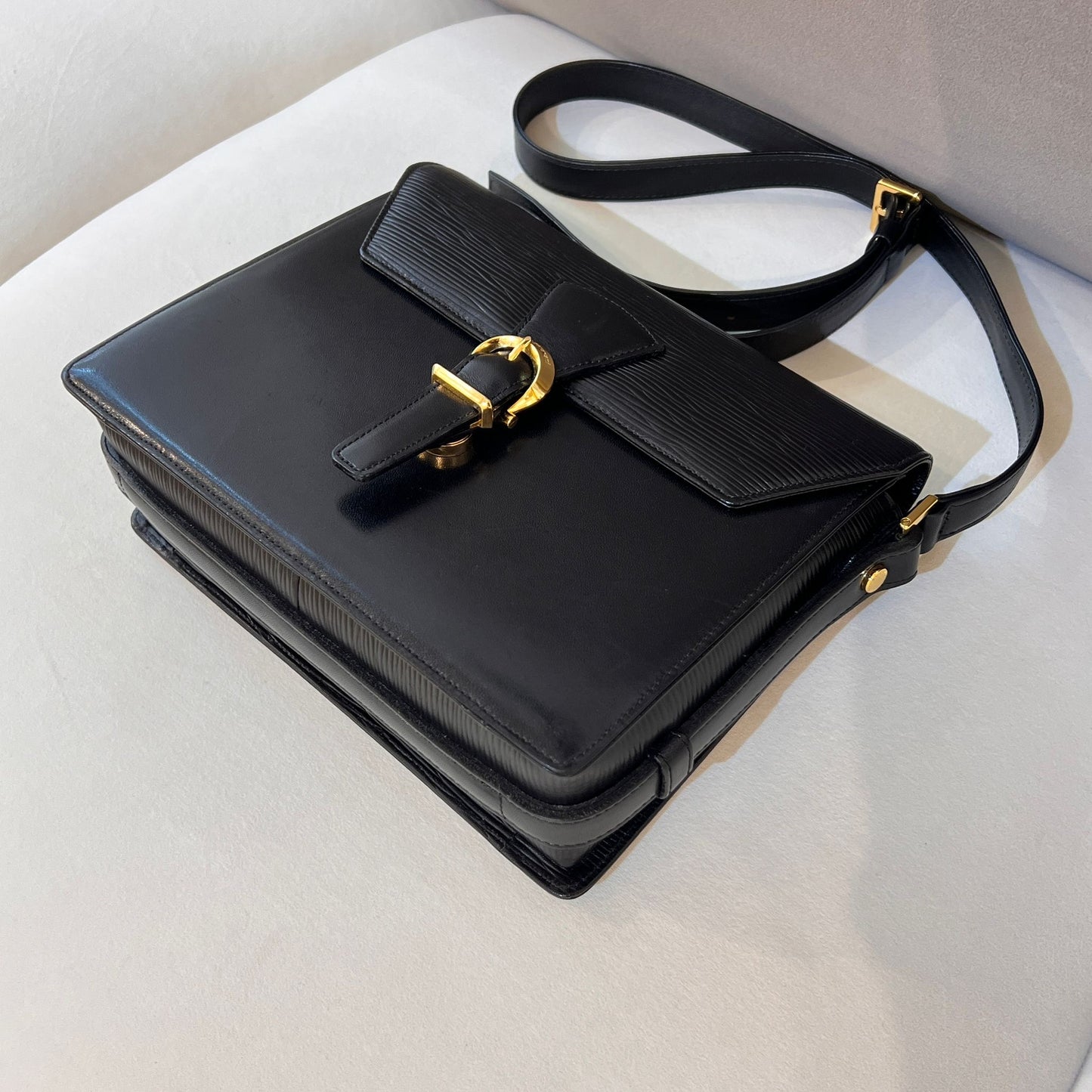 Valentino Garavani Vintage Black Epi Leather Gold Buckle Shoulder Bag