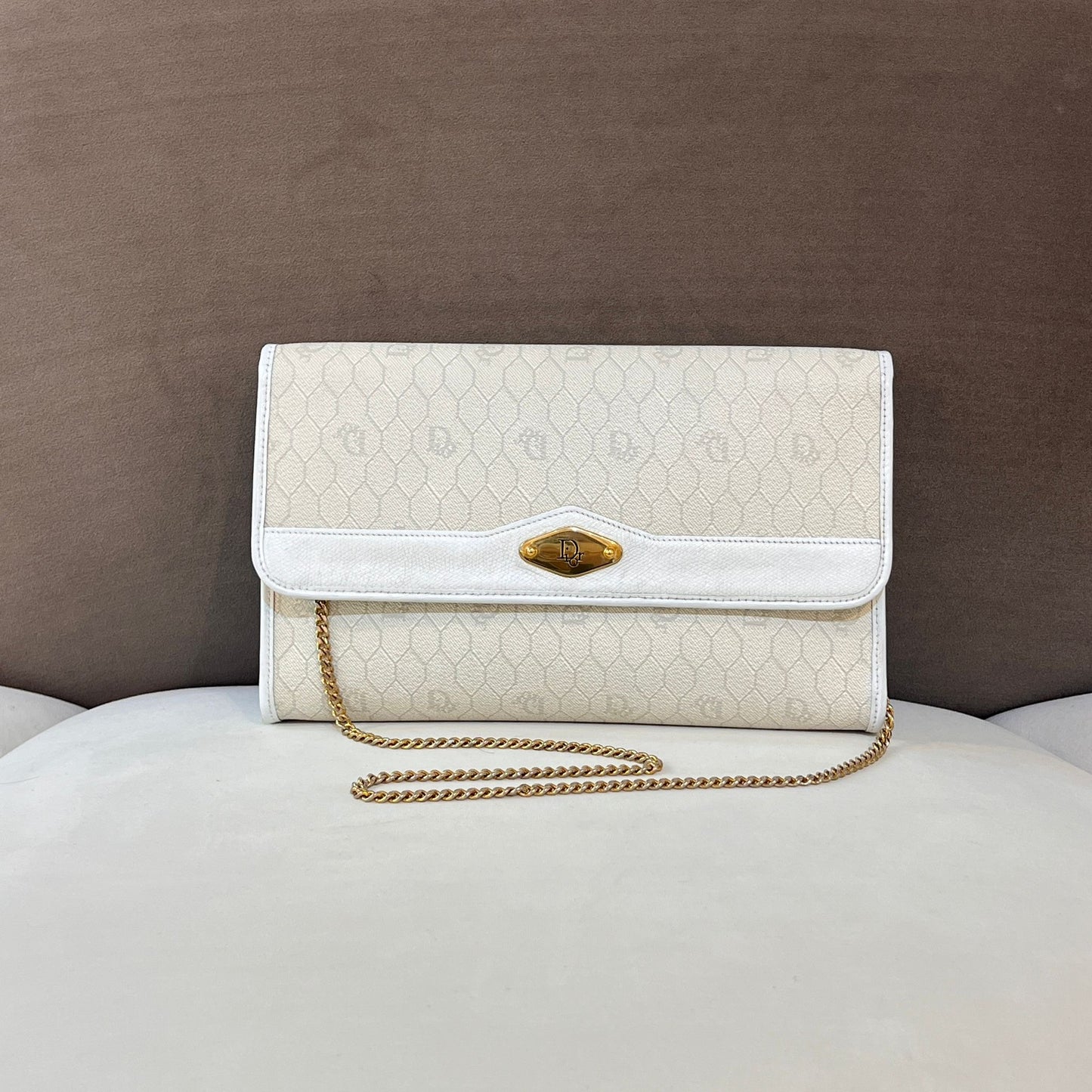 Christian Dior Vintage Honeycomb White Leather Gold Chain Shoulder Bag