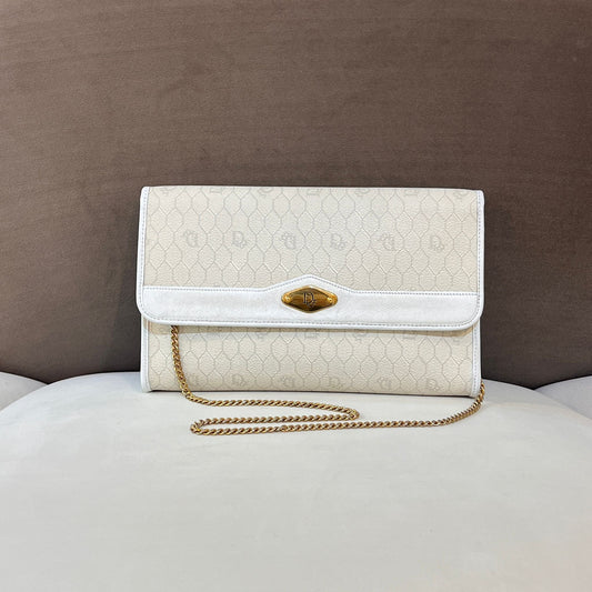 Christian Dior Vintage Honeycomb White Leather Gold Chain Shoulder Bag