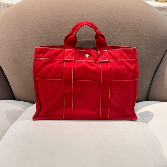 Hermes Deauville Mm Red Canvas Tote Bag