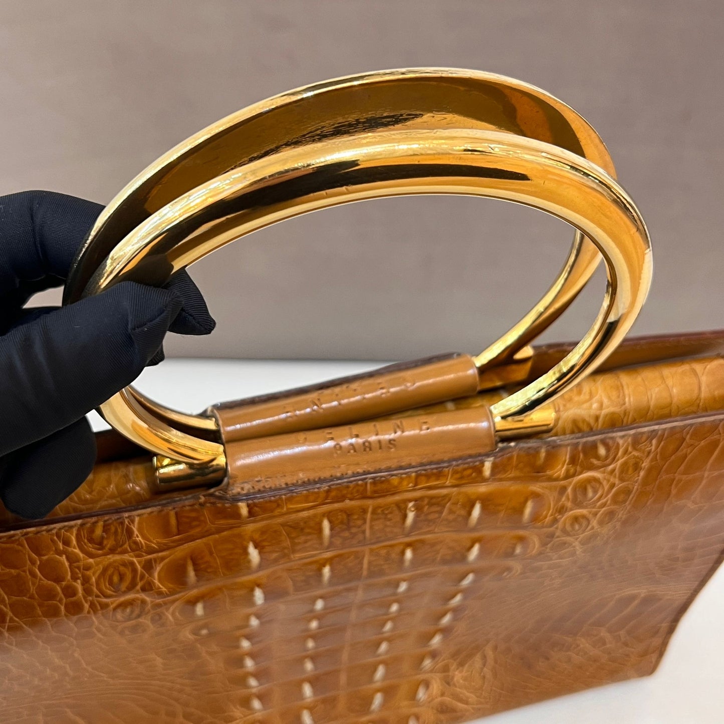 Celine Vintage Crocodile Embossed Circle Handle Bag