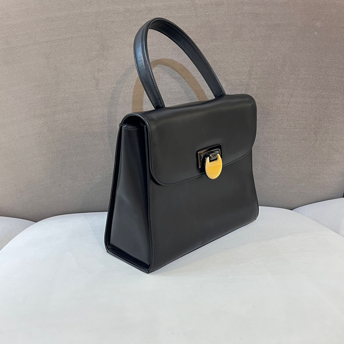 Givenchy Vintage Black Leather Logo Clasp Top Handle Bag